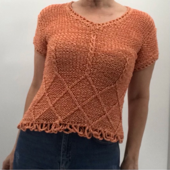 Vintage Y2K Crochet Woven Cut Out Hand Knit Lightweight Short Sleeve Sweater - Picture 8 of 13